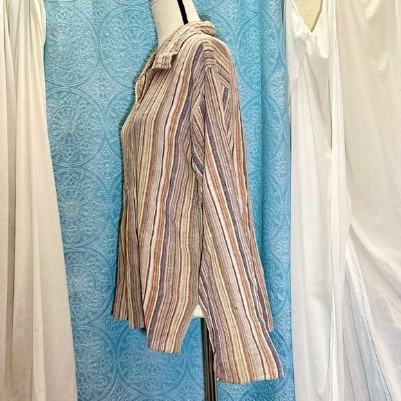 Tibet Souvenirs Colorful Striped Long Sleeve Collared Tunic Shirt - Picture 2 of 9